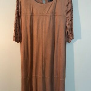 Madison Leigh Tan Midi Dress with Perforated Sleeves